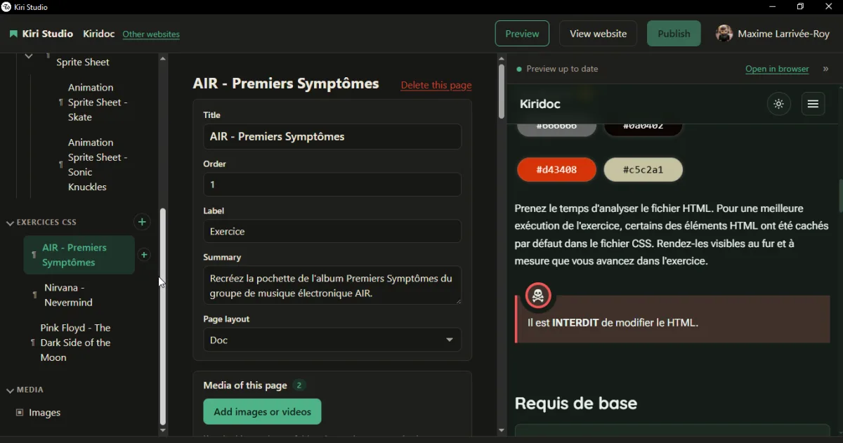 Kiri Studio: the page list, a Markdown page with its header form, and the live preview