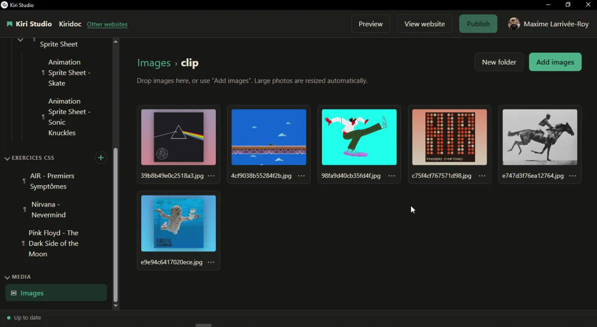 Kiri Studio's image manager: a grid of thumbnails with New folder and Add images buttons