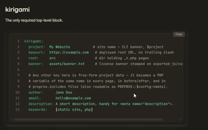 A code block coloured at build time, with line numbers and a copy button